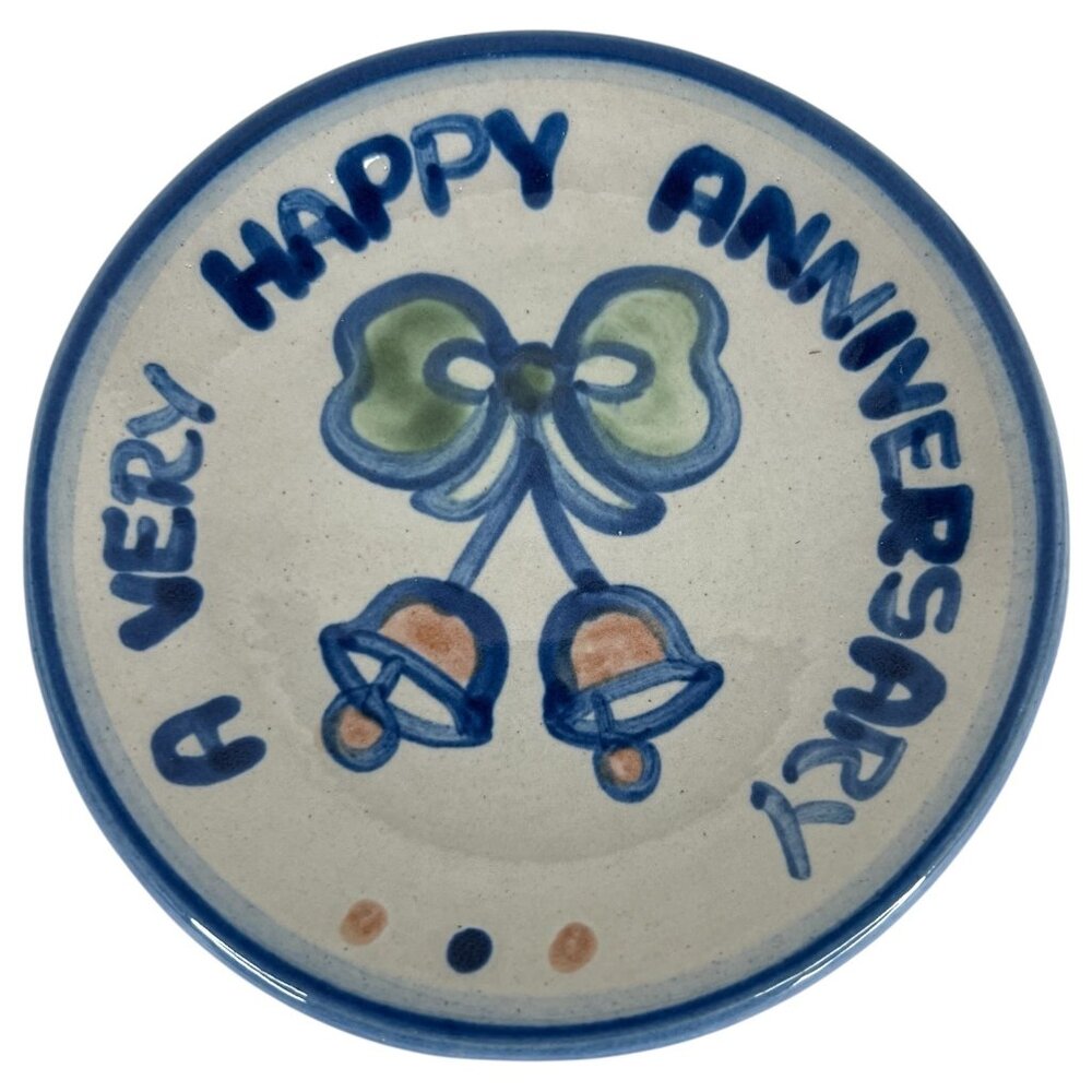 M A Hadley Pottery Happy Anniversary Trinket Dish Coaster 4 Inch Hand Painted VT